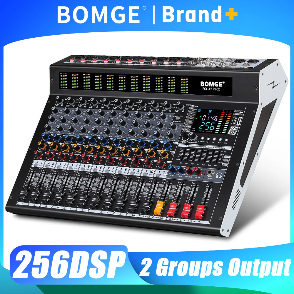 BOMGE 12 channel profession audio mixer Mixing DJ console USB with 48V Phantom Power 256 DSP Effects Sound Table for stage
