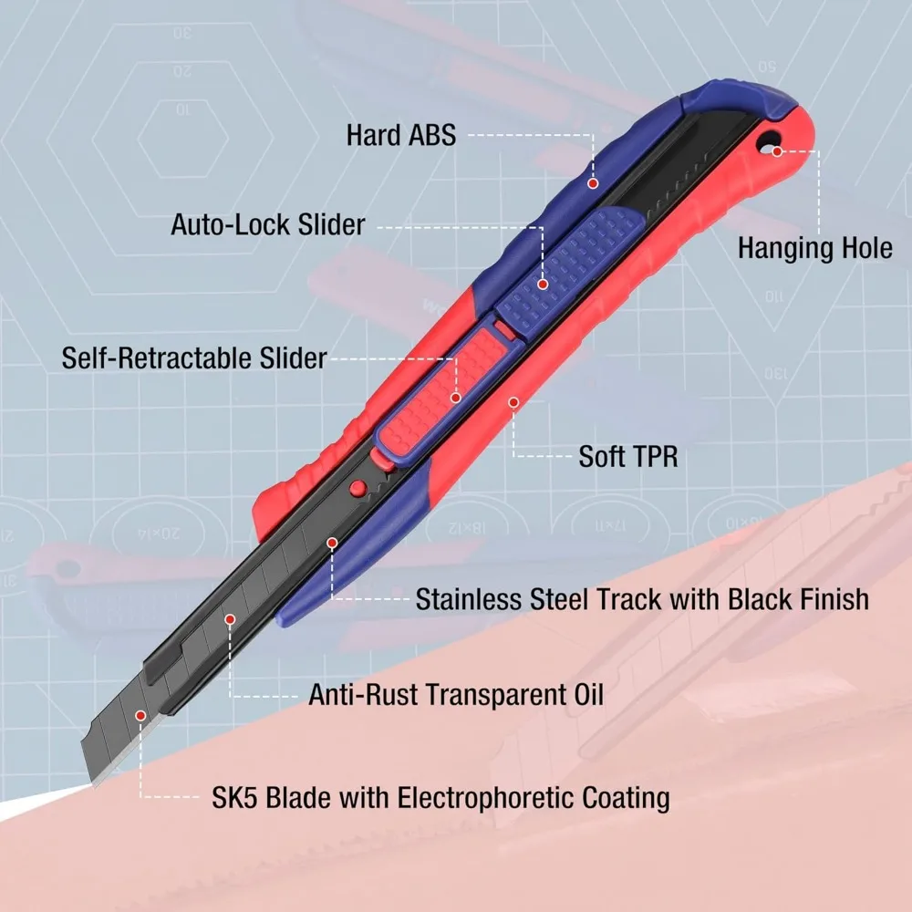 Cuchillo utilitario de seguridad 2 en 1, hoja retráctil a presión, juego de cuchillos en caja de Metal, cuchillo para manualidades con 10 hojas adicionales de 9mm, paquete de 3