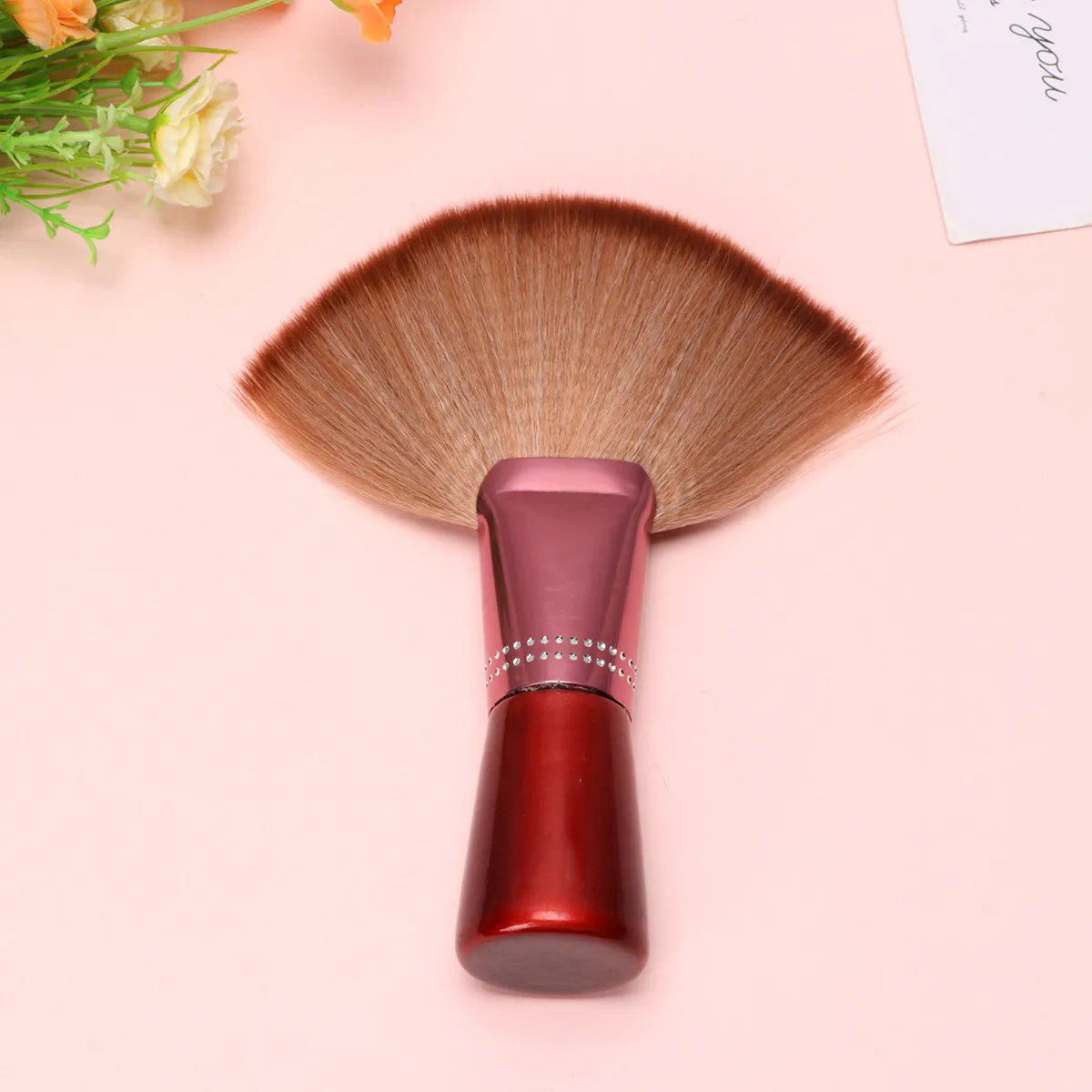 Professional Multifunctional Fan Shaped Makeup Brush Nylon Bristles Light Brown Acrylic Rhinestone Alloy Handle Facial Powder