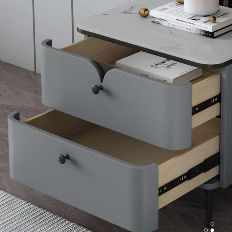 Wooden Bedside Table with Sintered Stone Top Modern Style 2 Drawers Leather Bedroom Nightstand Mini Side Storage Cabinet