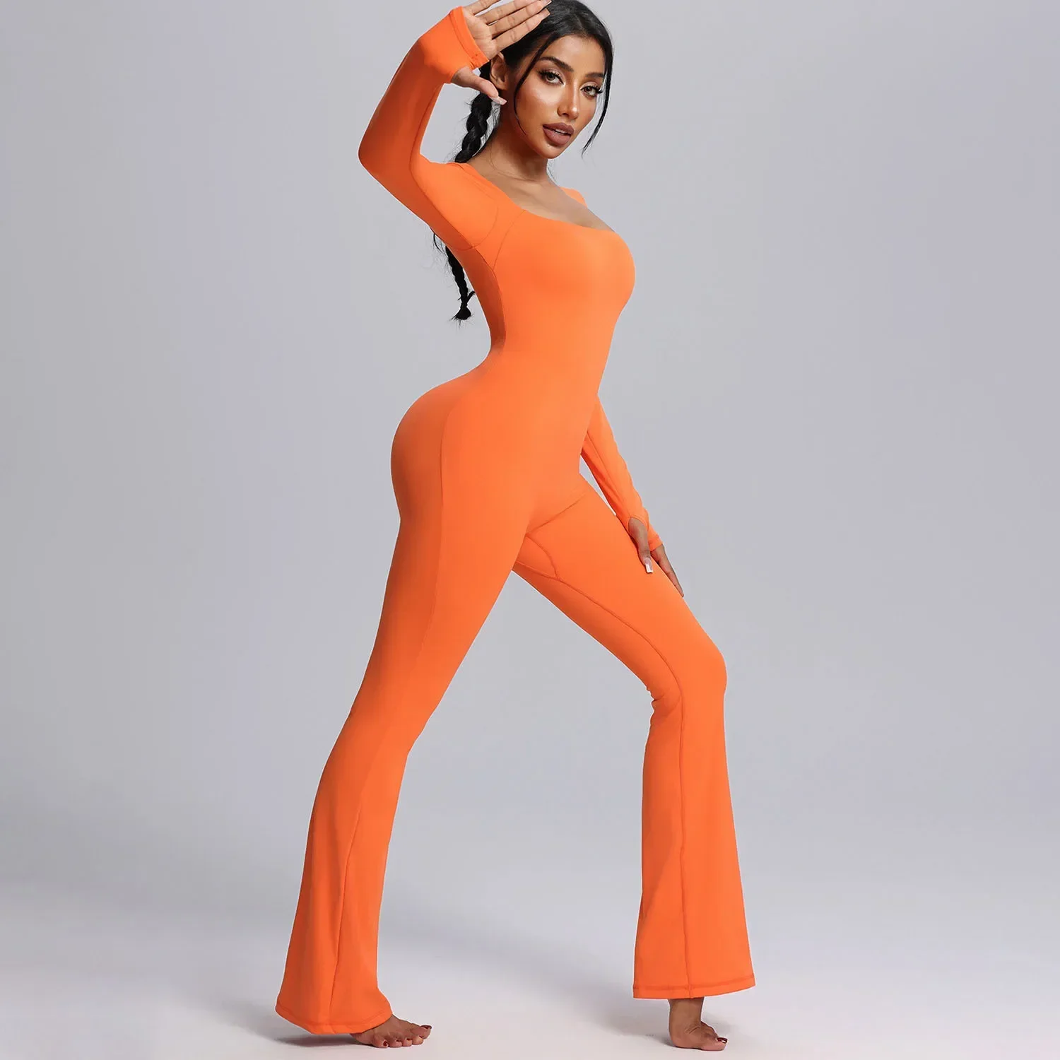 New Long-sleeved Jumpsuit Yoga Clothing Women Gym Sports One Piece High Elastic Breathable Dance Flare Pants Fitness Clothing