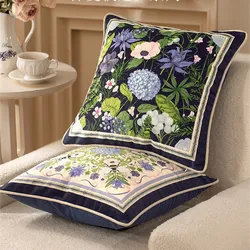 Decorative Square Pillowcases, Designer Throw Pillow Covers, Green Farmhouse Dreamy Velvet, Blue Floral Pattern, 18x18 Inch