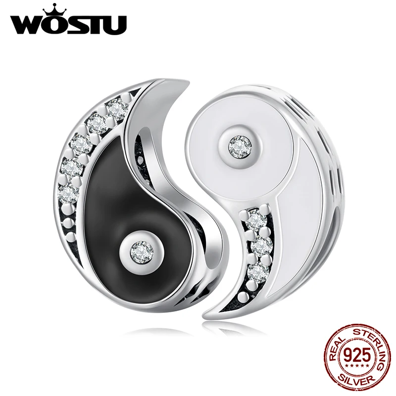 WOSTU 925 Sterling Silber Schwarz & Weiß Tai Chi Bagua Anhänger Charm Chinesische Yin Yang Charms Bead Fit DIY Armband Halskette