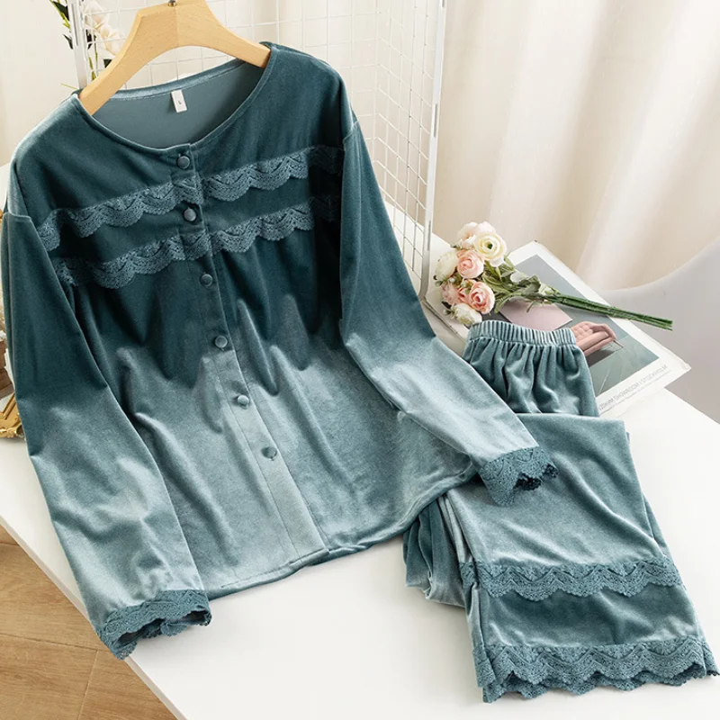 

Velvet Pajamas Pour Femme Sleepwear Button-down Nightgown Lace Patchwork Home Clothes Autumn Two Pieces Shirt&Pants Suit