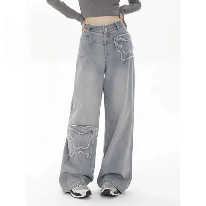 

Retro Fashion Wide-leg Jeans Women's Autumn High-waisted Fashion Design Sense Pants Chic Embellished Denim Trousers