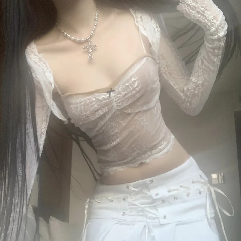 Set da donna sexy casual in due pezzi con canotta patchwork in pizzo, top a maniche lunghe per ragazze