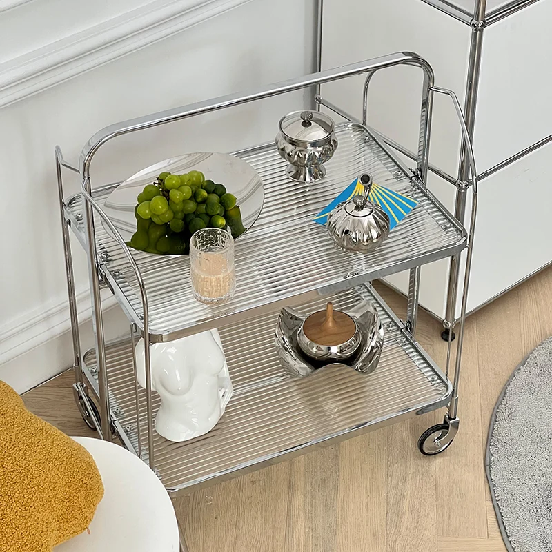 Glass Antique Silver Trolley Corner Side Table Living Room Metal Mobile Storage Rack Internet Celebrity Ins Style Dining Car