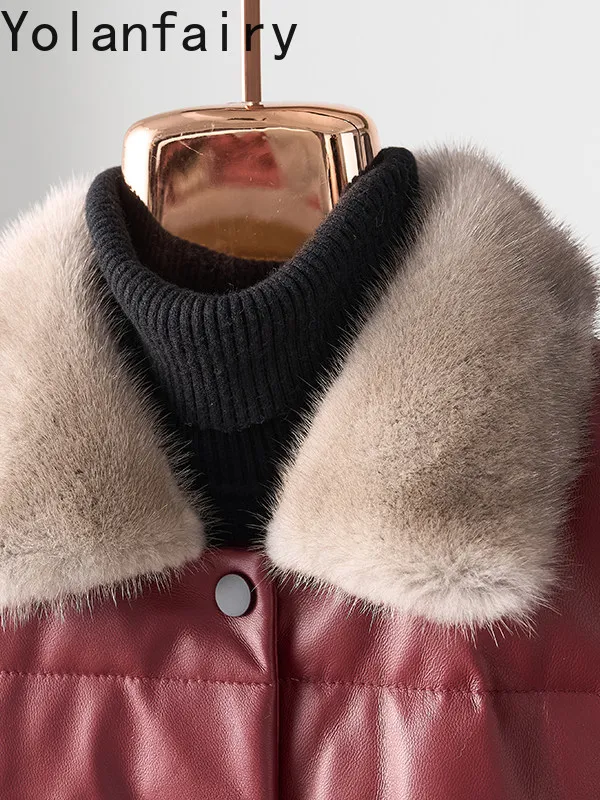 YOLANFAIRY Prawdziwa Skórzana Kurtka Damska z Owczej Skóry Zimowa Średniej Długości Skórzana Kurtka Puchowa z Kołnierzem z Futra Norki Wyszczuplająca Ciepła Czerwona Kurtka Puchowa