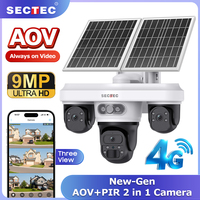 SECTEC 4G Solar Security Camera 3-Lens 9MP Wireless WiFi Camera AOV 7/24 Recording F1.0 Aperture 90FT AI Detection Human IP66