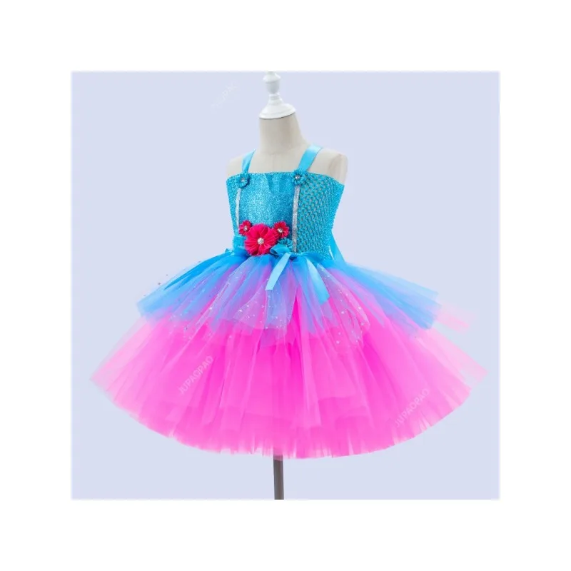 Robe Tutu Trolls pour Bol, Costumes d'Anniversaire de Princesse Poppy pour Enfants, Robes d'Halloween Elfes Magiques, Tenues de Fleurs Dégradées