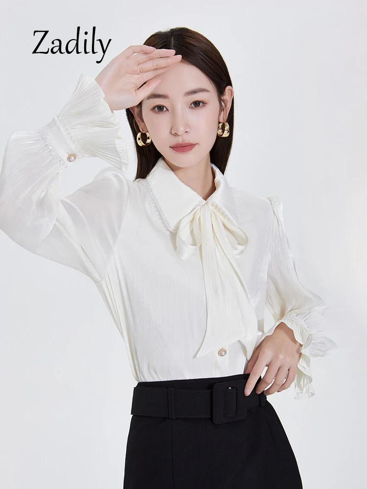 Zadily 2023 Autumn Office Lady Women White Chiffon Shirt Elegant Bow Tie Button Up Long Sleeve Work Blouse Female Clothing Tops