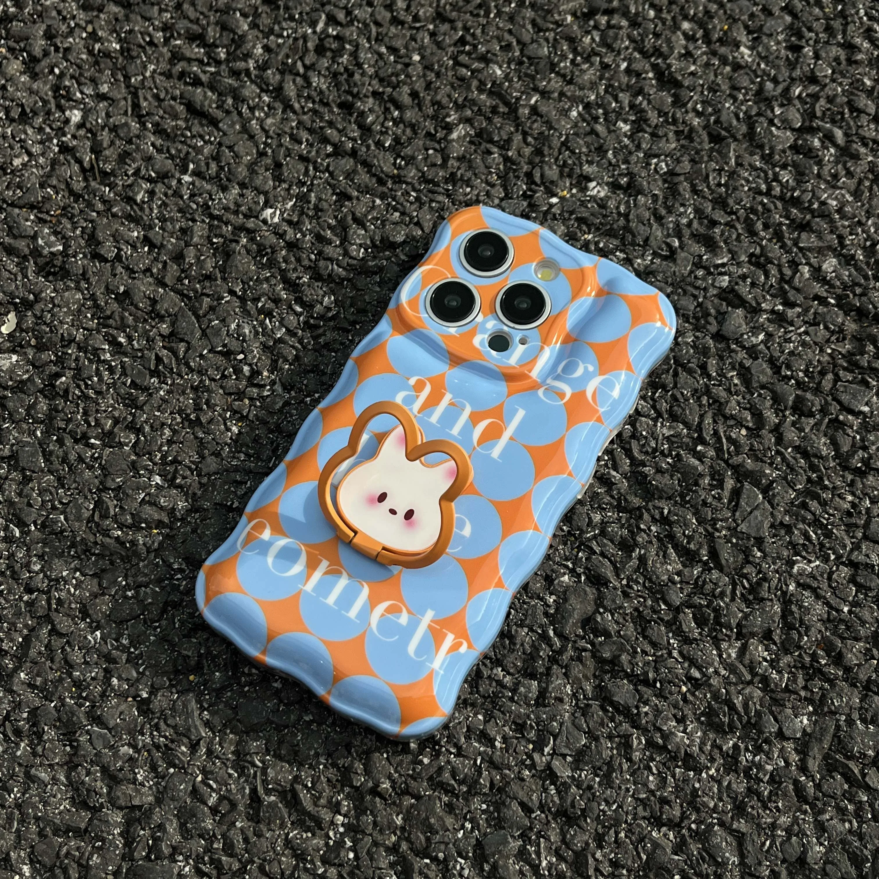 Summer oringe and blue wave phone case for iphone 13 12 15 pro max 11 15pro 13promax 14 cute bunny stand holder rope cover shell