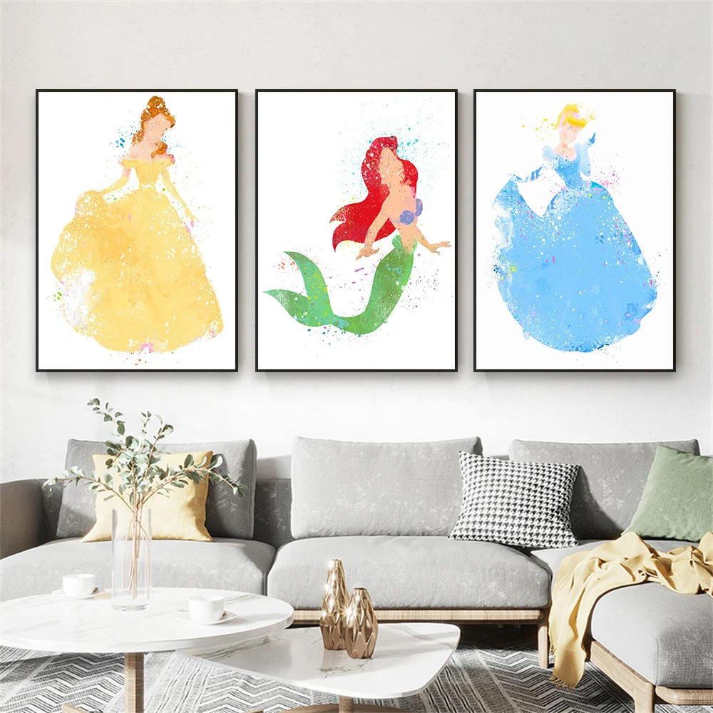 Cartoon Disney Princess Watercolor Wall Art Poster Canvas Painting Ariel Belle Snow White Cinderella Jasmine Prints Room Decor