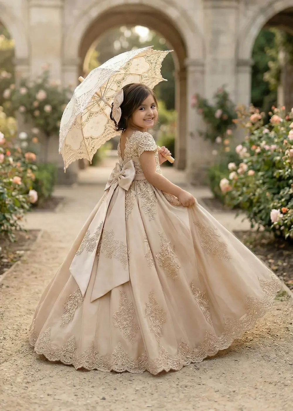 

Children's Light Luxury Lace Mesh Flower Girl Dress Elegant Embroidered Bow Princess Dress 2026 Girl Wedding Flower Girl Dress