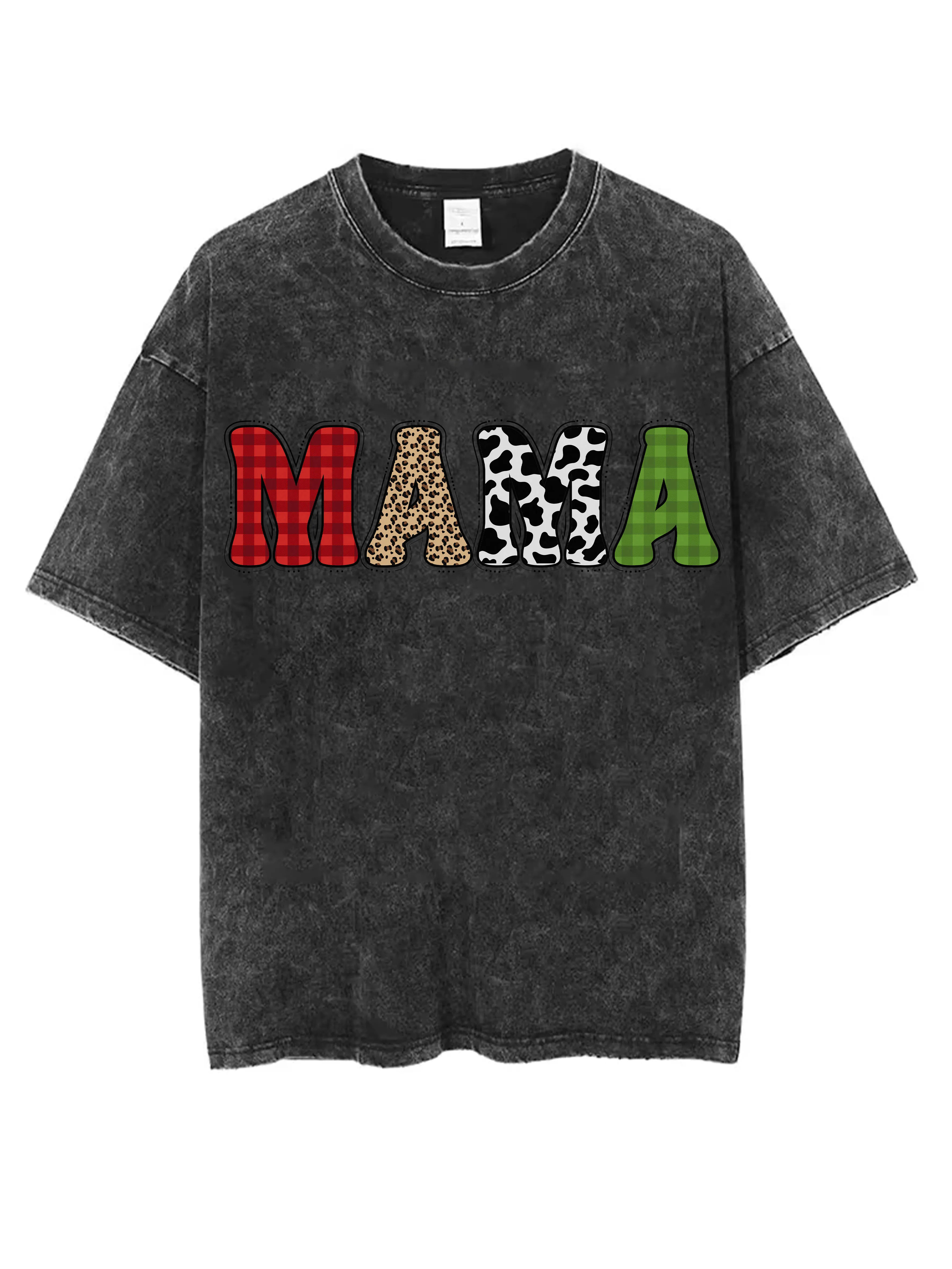

Mama Christmas Unisex Washed Black Round Neck T-Shirt Loose Comfortable Fit for Men Women Ideal for Winter Christmas