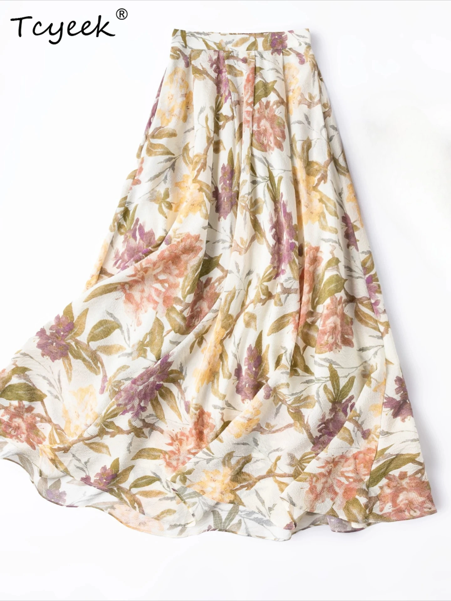 Tcyeek 100% Real Silk Womens Skirts 2026 Elegant Fashion Beach Skirt for Woman Summer Clothes French Floral Faldones Para Mujer