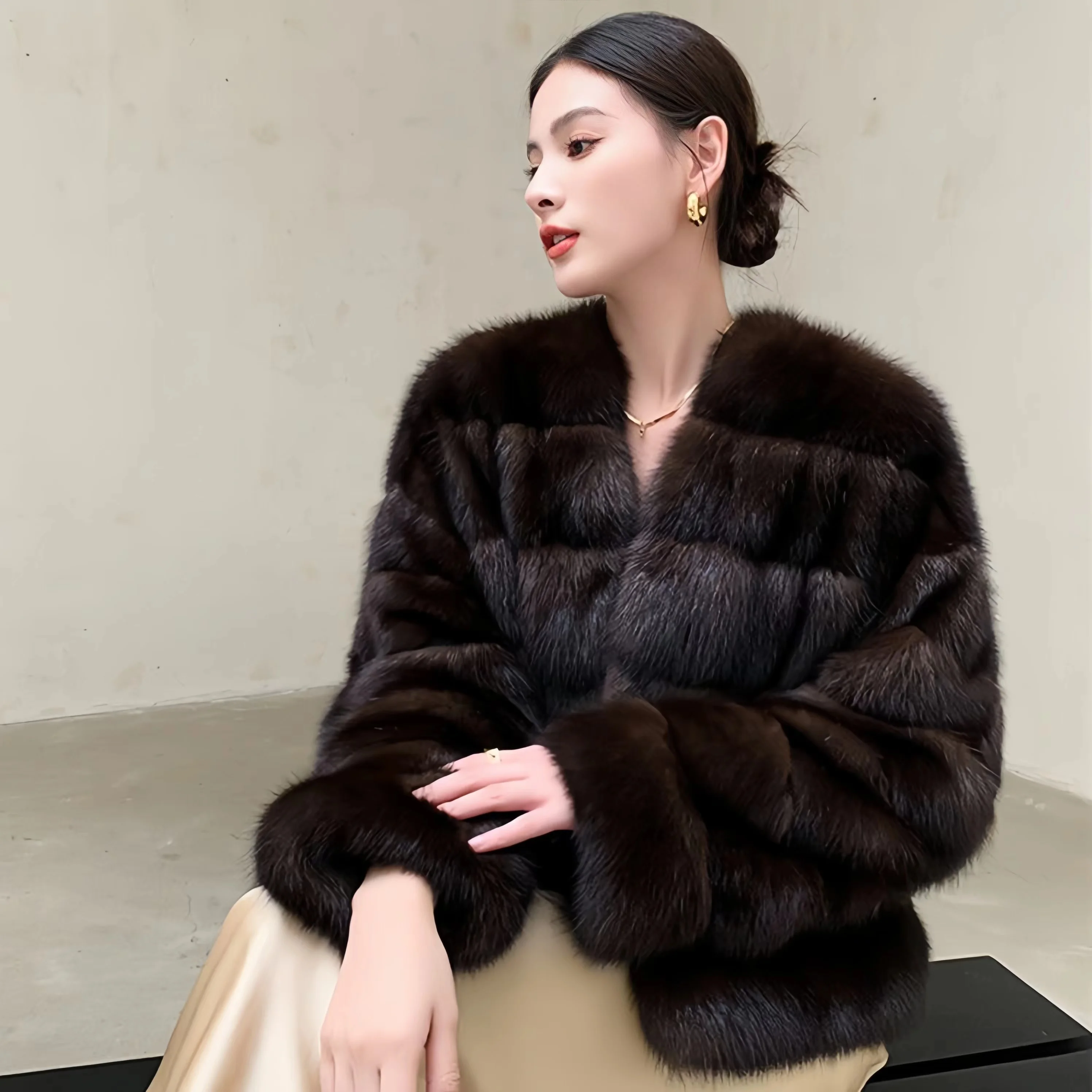 Women\'s Covered Button Faux Mink Fur Coat, O-Neck Short Jacket,Thick Warm Clothes,England Style,Autumn and Winter, 2024