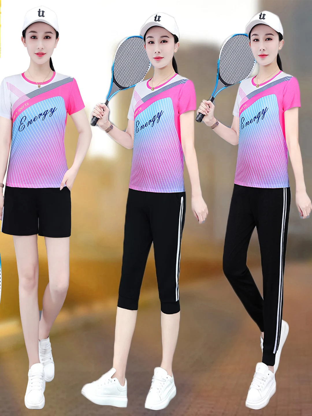 

Комплект для спорта из ледяного шелка Ice Silk: женский летний спортивный костюм 2026 года, новый, тонкий, дышащий, с шортами и брюками 7/8, комплект из двух предметов