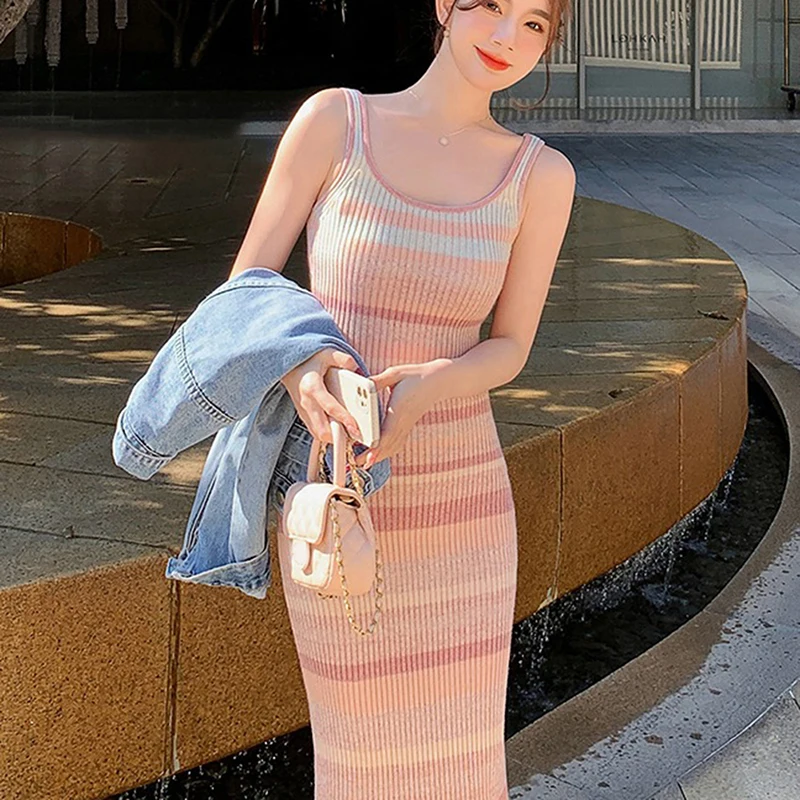 Rainbow Striped Tank Midi Dress Women Summer Sleeveless Knitted Slim Dresses Holiday Daily