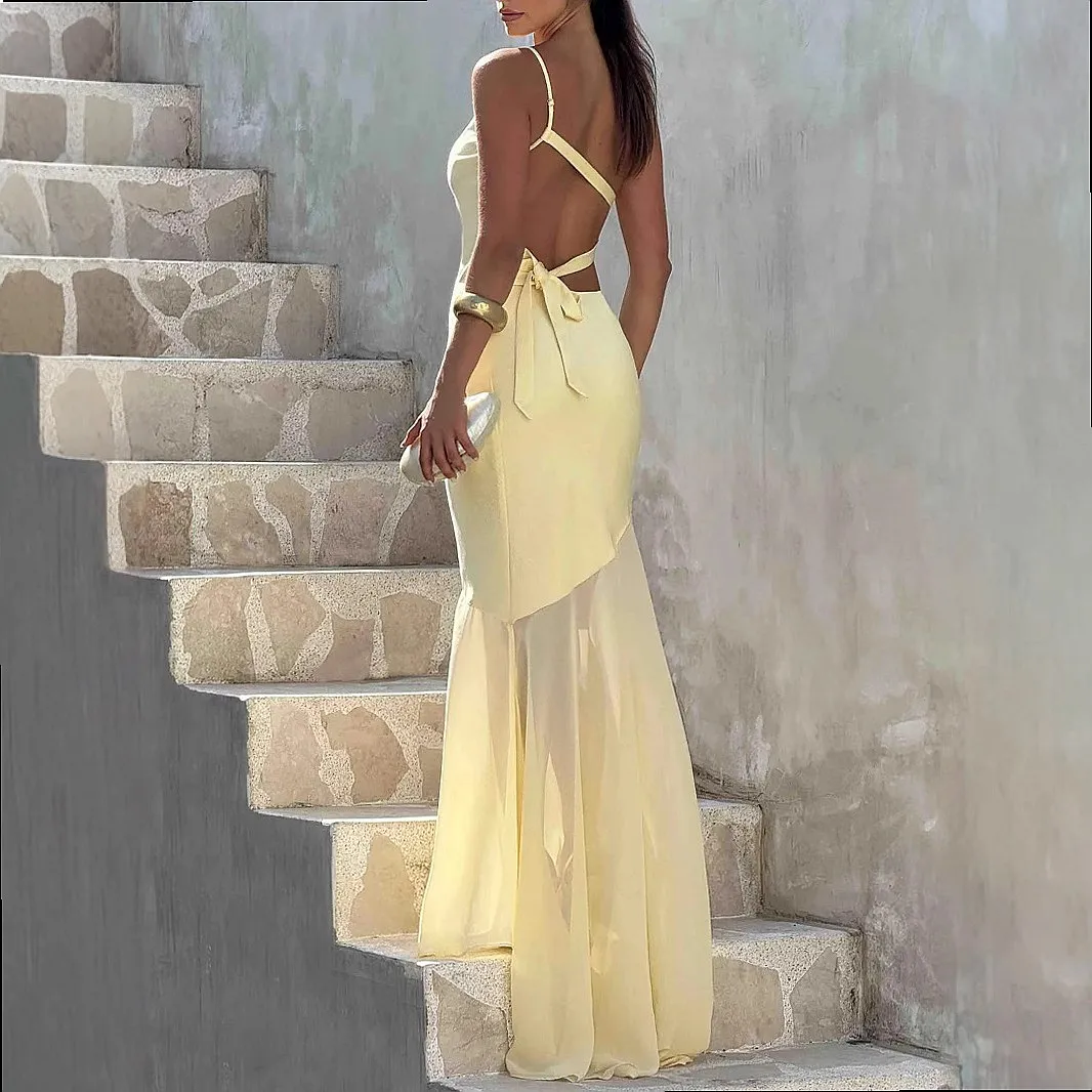 Sexy One Shoulder Backless Bodycon Dress, Long Sleeveless Mesh Evening Dresses for Women, Elegant Party Gowns