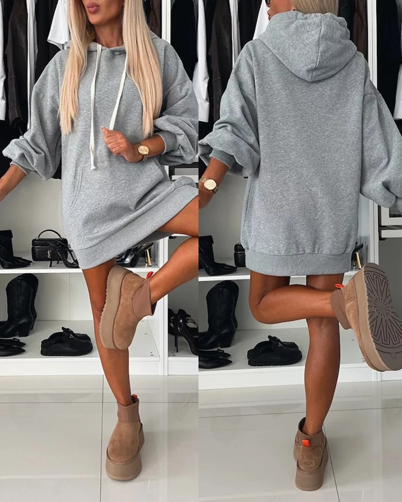 2024 Women Long Sleeve Hoodie Kangaroo Pocket Drop Shoulder Casual Pullover Hooded Dress