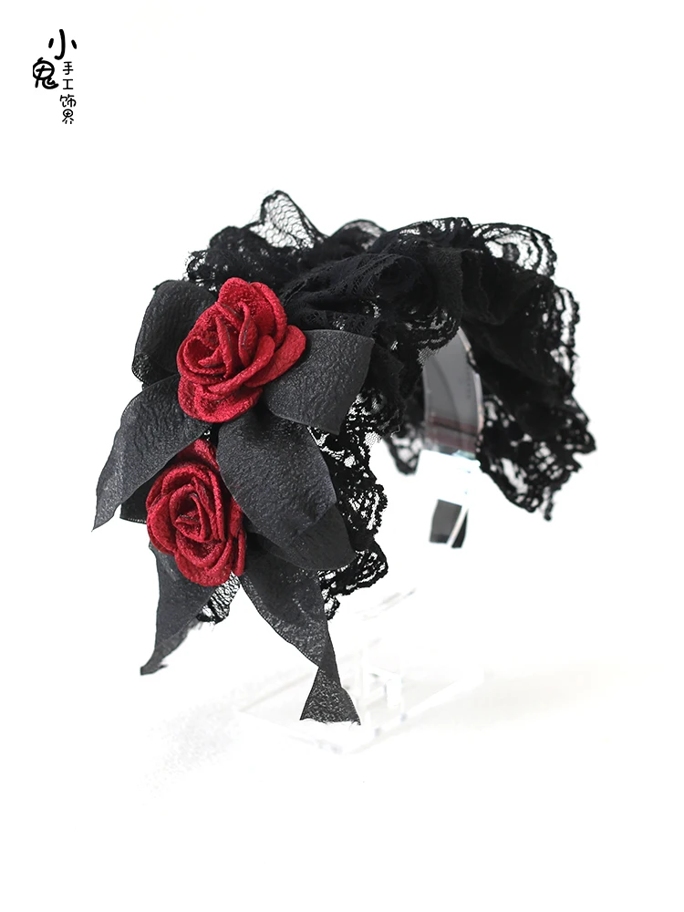 Original Black and Red Lace Lolita Headdress Doll Bow Headband Kc Gothic Lo Niang Halloween Hair Accessories