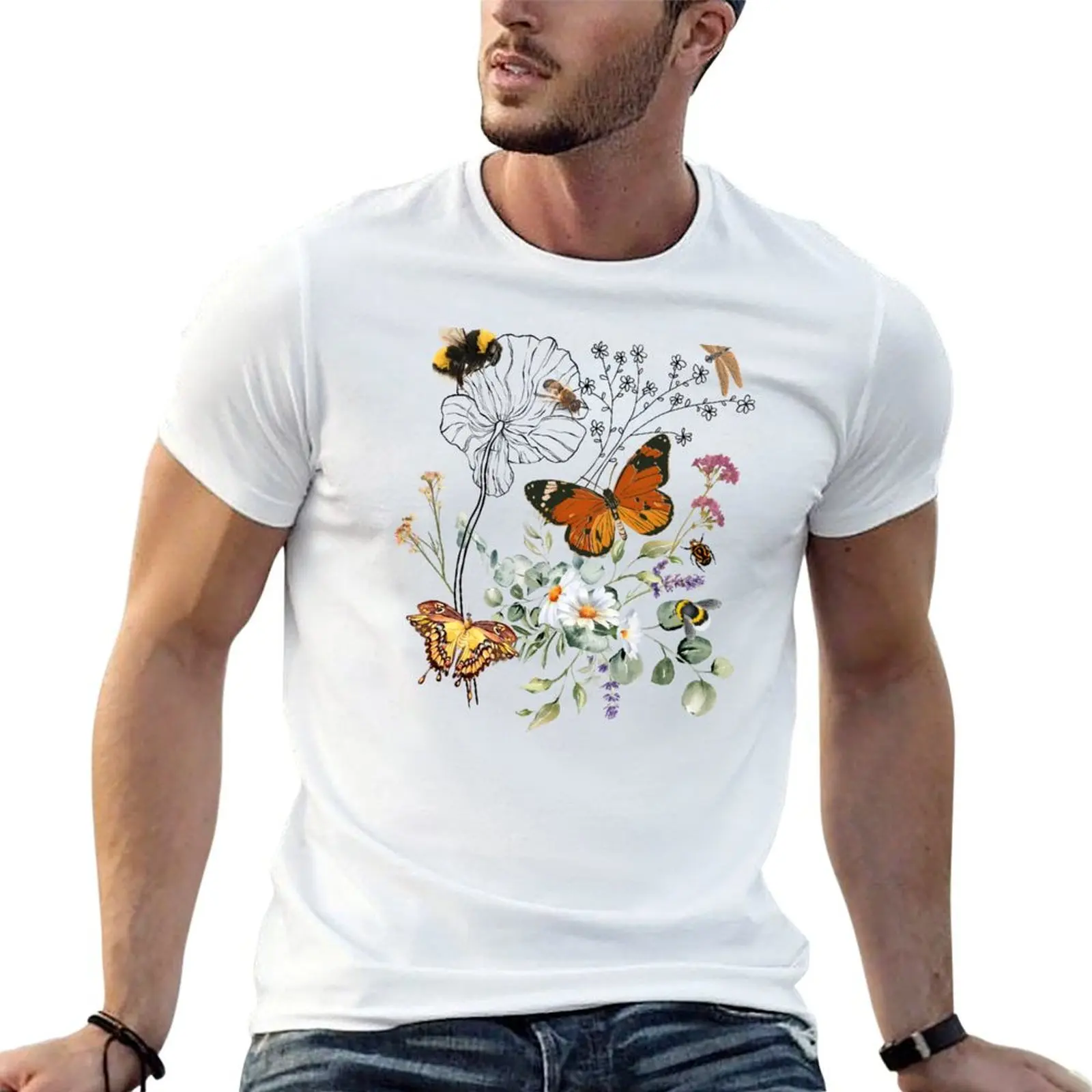 Spring Pollinators Line Drawing With Colorful Wildflowers Design T-Shirt Big and Tall Short Sleeve Tee