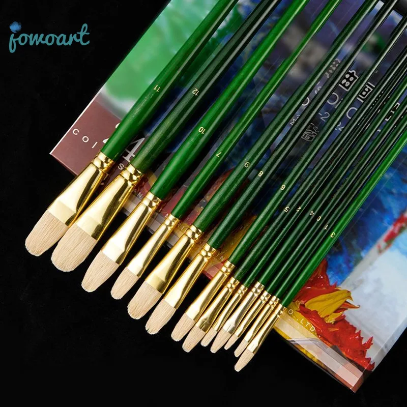 Imagem -03 - Porco Cerdas Verde Longo Vidoeiro Madeira Rod Grupo Pintura a Óleo Escova Avelã em Forma Cabelo Duro Acrílico Escova Ácida Art Supplies Pcs