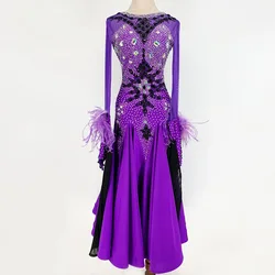 Ballroom Competition Dance Dress For Women 2025 New Design High end Custom Purple Feather Waltz Ballroom Dance Dresses Adult
