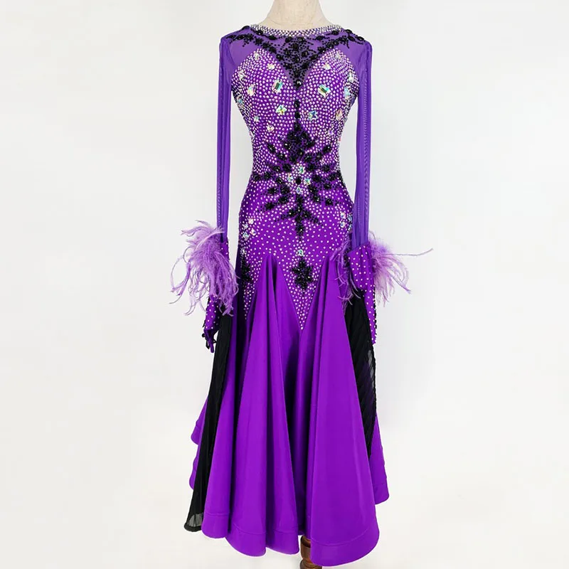 Ballroom Competition Dance Dress For Women 2024 New Design High end Custom Purple Feather Waltz Ballroom Dance Dresses Adult