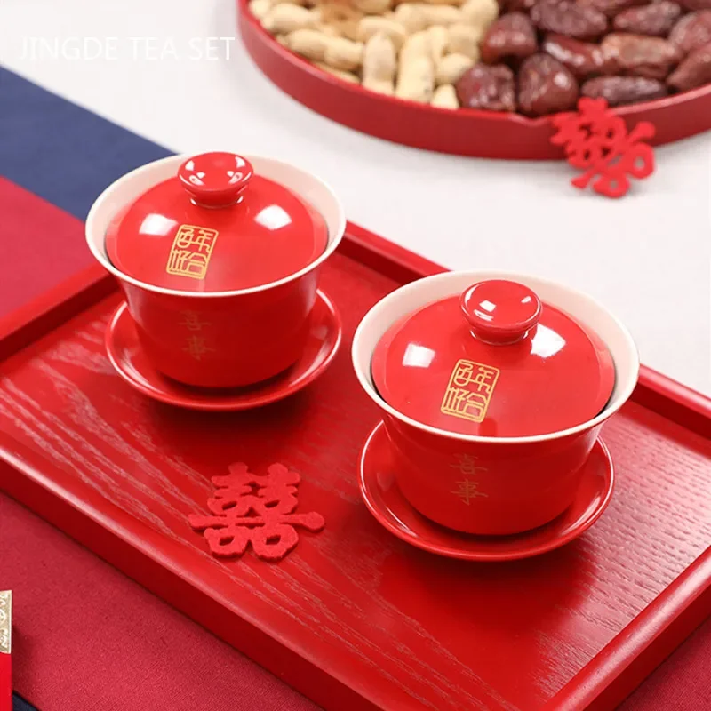 2pcs Chinese Ceramic Tea Tureen Handmade Boutique Gaiwan Tea Bowl Red Teaware Supplies Portable with Lid Teacup Wedding Tea Set