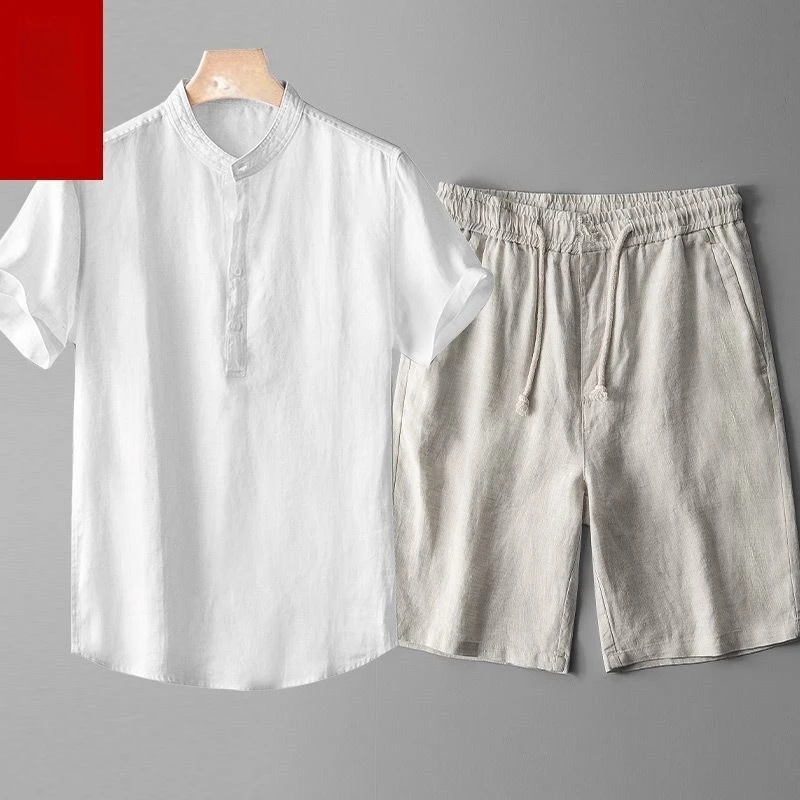 Linens Short Sleeve Shirt Set Men Summer Thin Loose Casual Shirt Trendy Two-piece Set Stand Collar Loose Fit Breathable Material