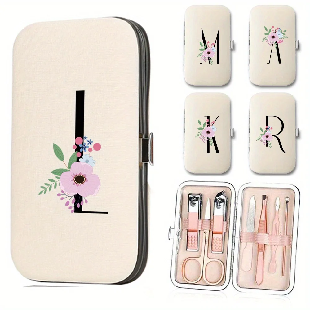 

7 шт. бытовой маникюрный набор из нержавеющей стали с футляром для хранения, профессиональный инструмент для ремонта маникюра, цветок и черный буквенный узор