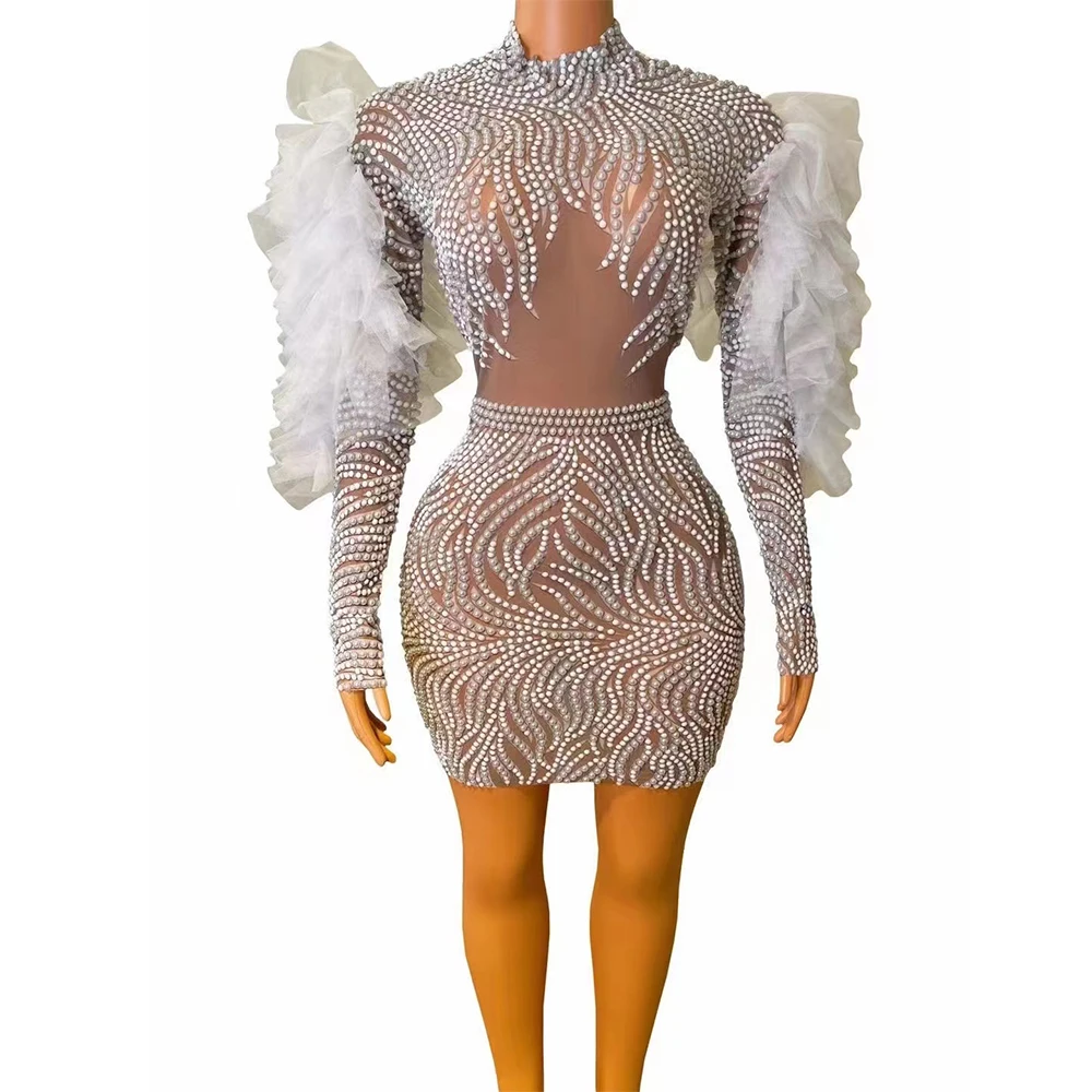 Vestido ajustado de encaje de malla transparente de hombro alto personalizado, vestido Sexy de perlas de alta elasticidad, vestido de fiesta de cumpleaños, Longuette de rendimiento