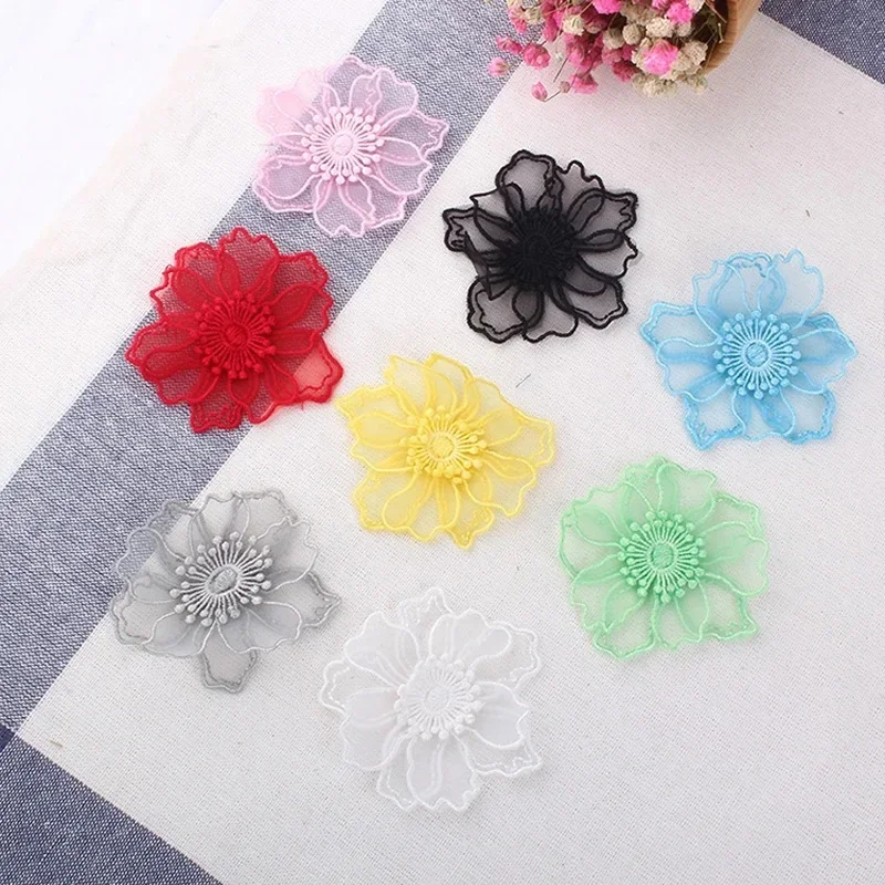 Ganza Double Layer Lace Flower Appliques, DIY Craft, Black, Pink, Blue, Yellow, Red, White, Free Shipping, 5Pcs, Lot