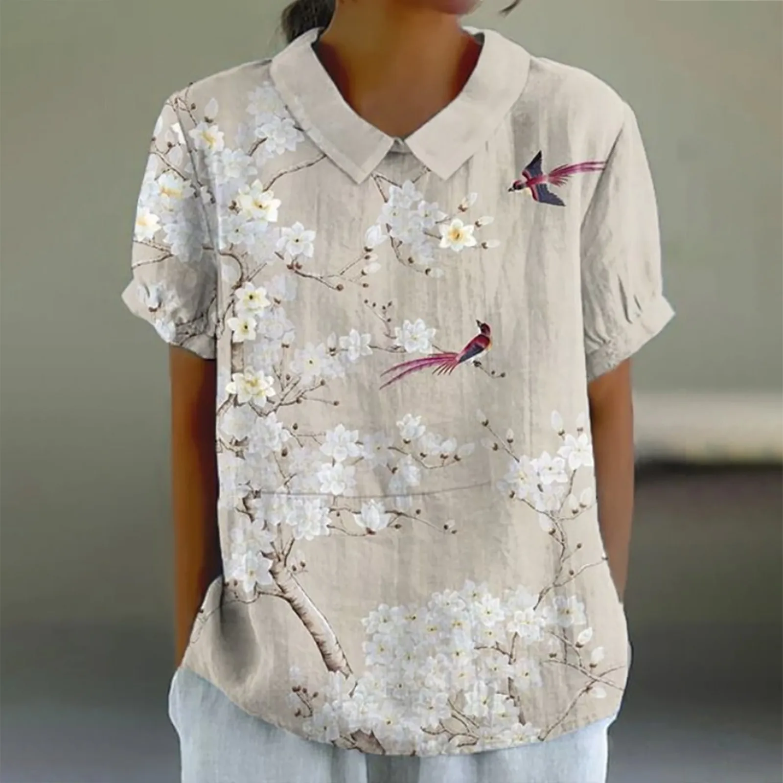 Women'S Linen Lapel Art Floral T-Shirt Round O-Neck Button Loose Pullover Top Comfy Short Sleeve Pastoral Style Casual Shirt