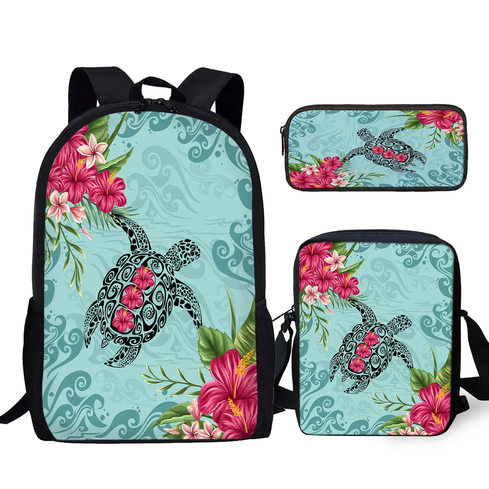 3Pcs Polynesian Sea Turtle Print Student School Bag Set Boys Girls Campus Casual Storage Backpack with Lunch Bag Pencil Bag