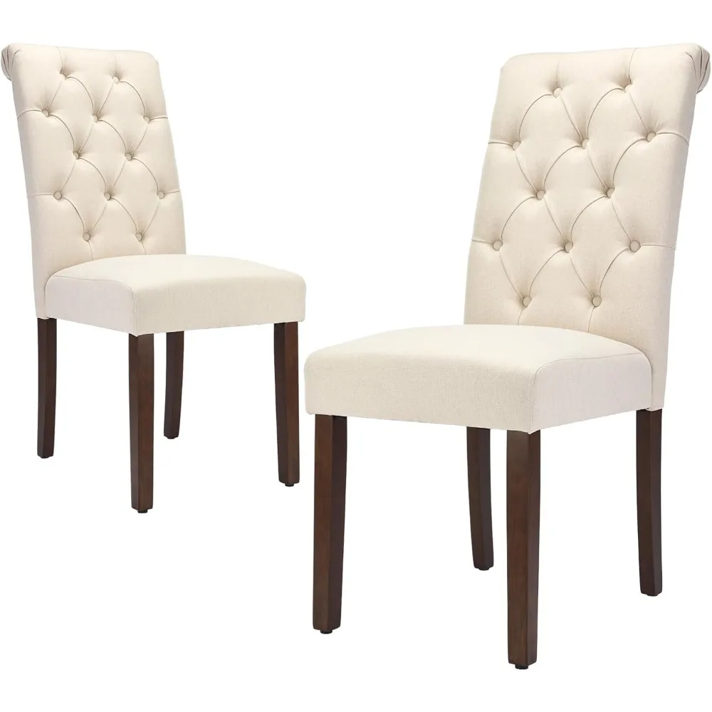 Pair of Tufted Upholstered Parsons Chairs for Dining Room, Beige Fabric with Wooden Legs
