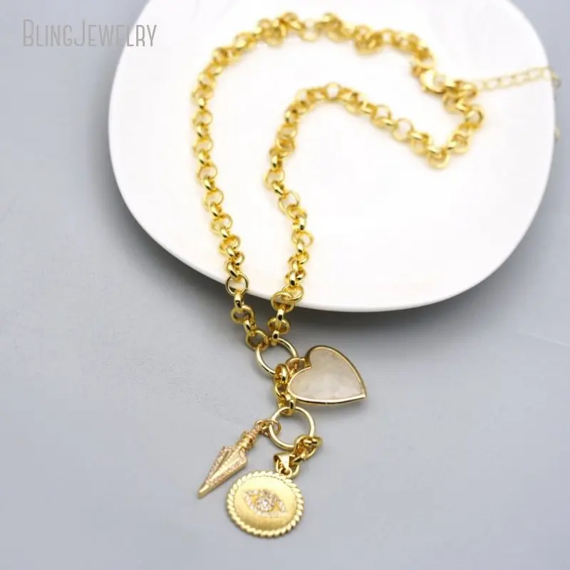 10pcs K Gold Color Stainless Steel Rolo Chain Choker Women Arrowhead Clear Quartz Heart Charm  Evil Eye Necklace Y2k Jewelry