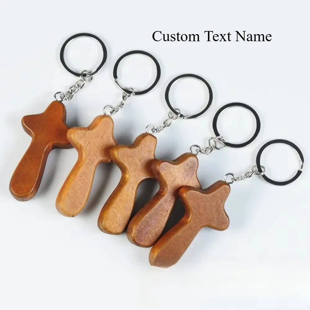 Wood Jesus Christ Keychain Custom Name Logo Personalized Necklace Wooden Cross Pendant Keyring Decorate Key Chain Ring Gift