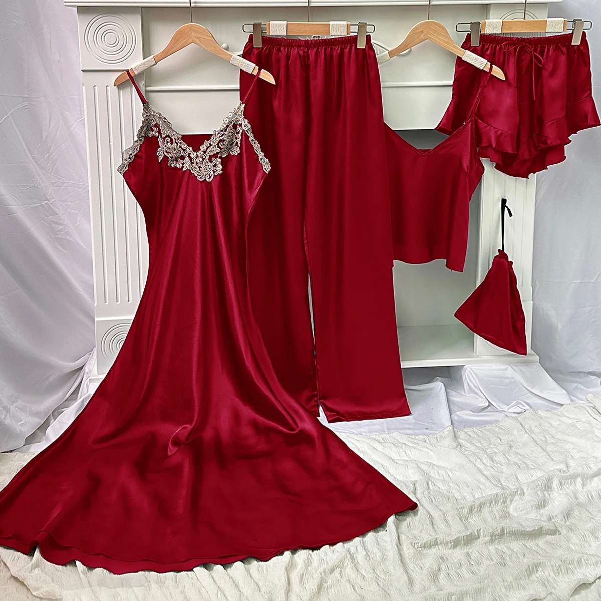 5 Piece Satin Sleep Set  Lace Trim Slip Dress   Cami Top  Ruffle Shorts  Lounge Pants  Women\'s Loungewear   Sleepwear