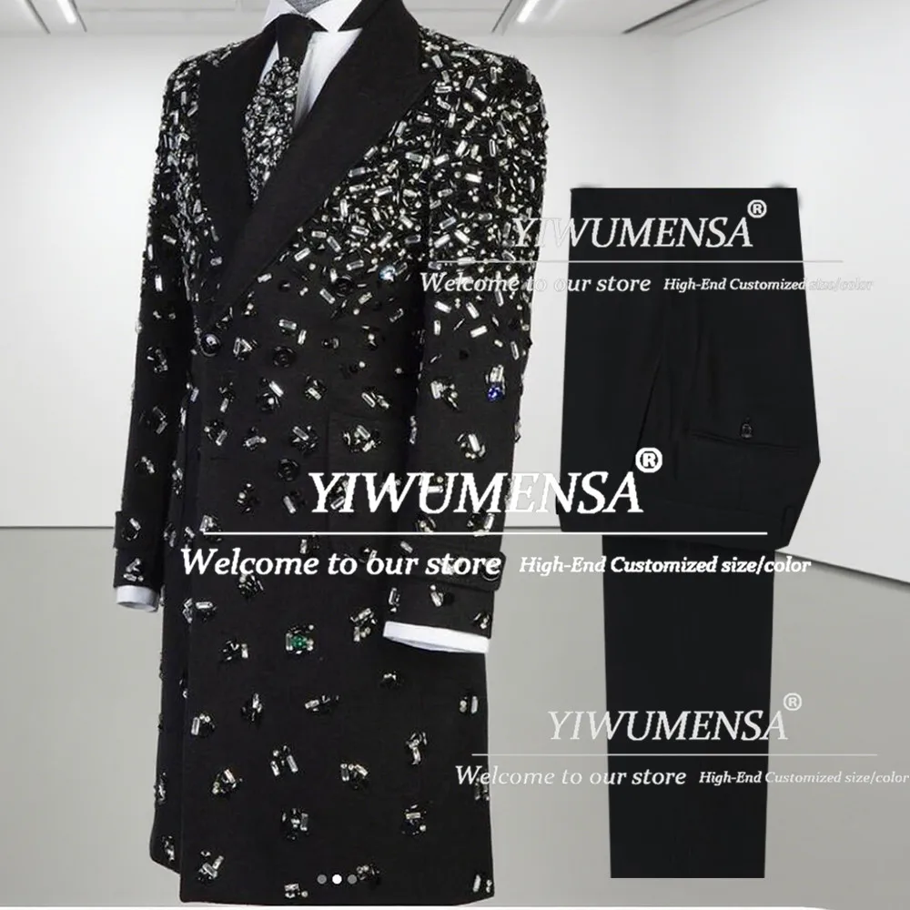 

Brilliant Diamond Stones Suits Men For Wedding 2 Pieces Sets Customized Groom Tuxedos Long Double Breasted Prom Blazers Luxury