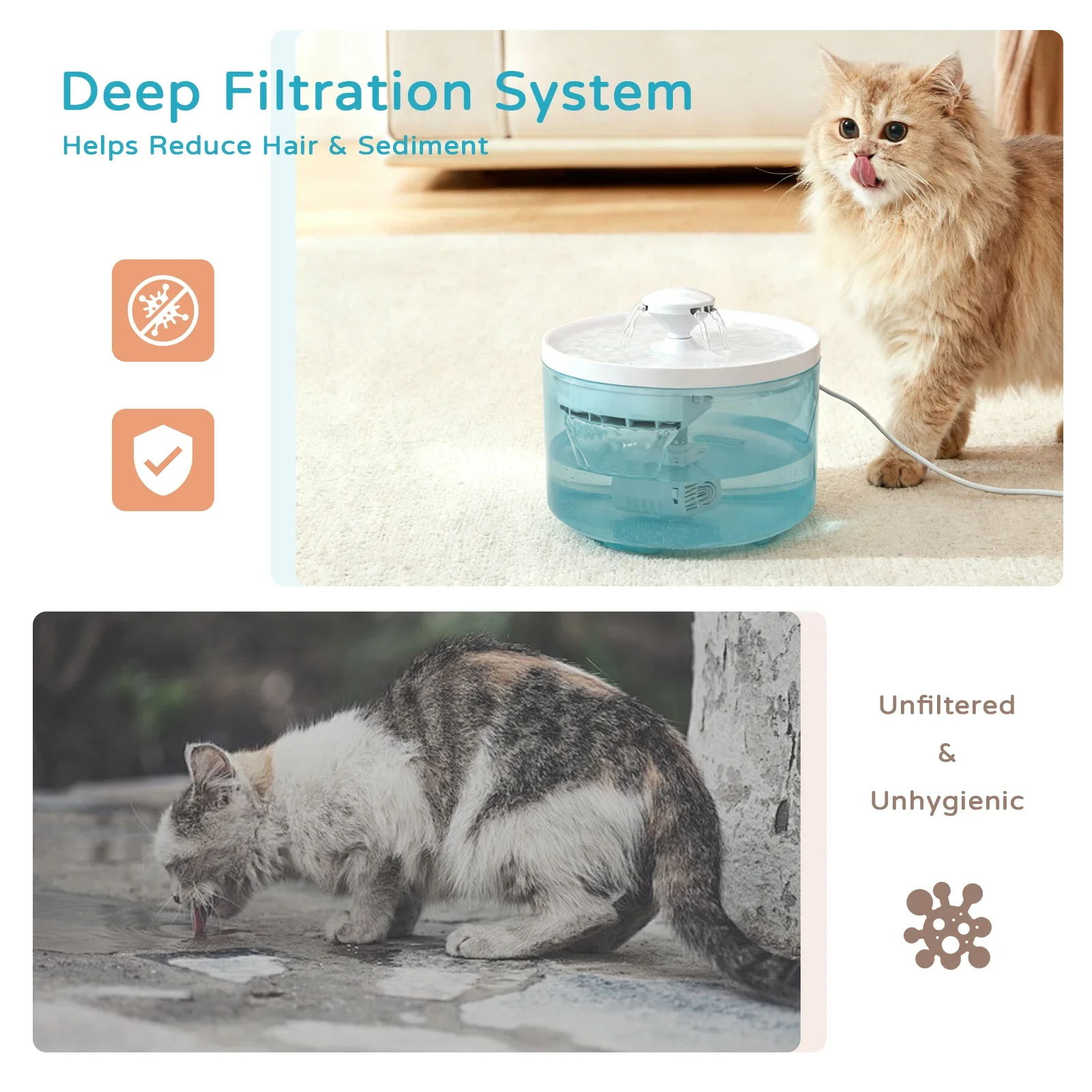 نافورة مياه للقطط، 1.8 لتر/60.87 أونصة، موزع مياه للحيوانات الأليفة، هادئ للغاية، مع فلتر - مناسبة للقطط والكلاب الصغيرة