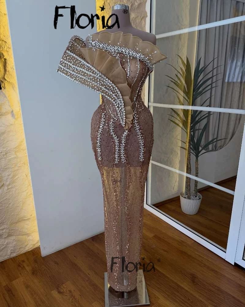 

Коричневые платья для выпускного вечера на одно плечо Серебряные кристаллы Русалка Вечернее платье знаменитости с рюшами на шее Свадебные платья по индивидуальному заказу 2025