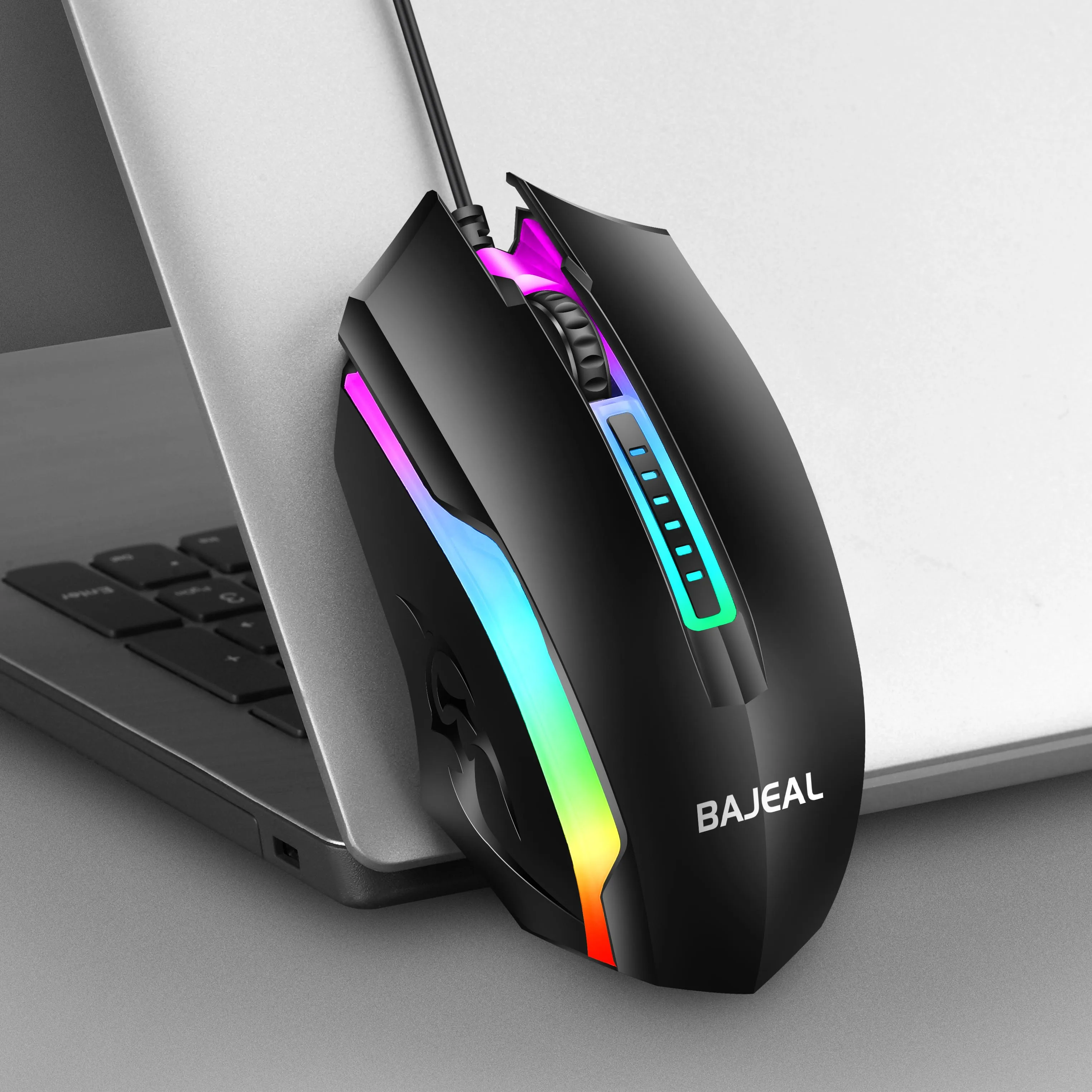 Bajeal D12 ماوس بصري سلكي USB بإضاءة خلفية عالي DPI مريح للألعاب وماوس مكتب متوافق مع أجهزة الكمبيوتر وأجهزة الكمبيوتر المحمولة