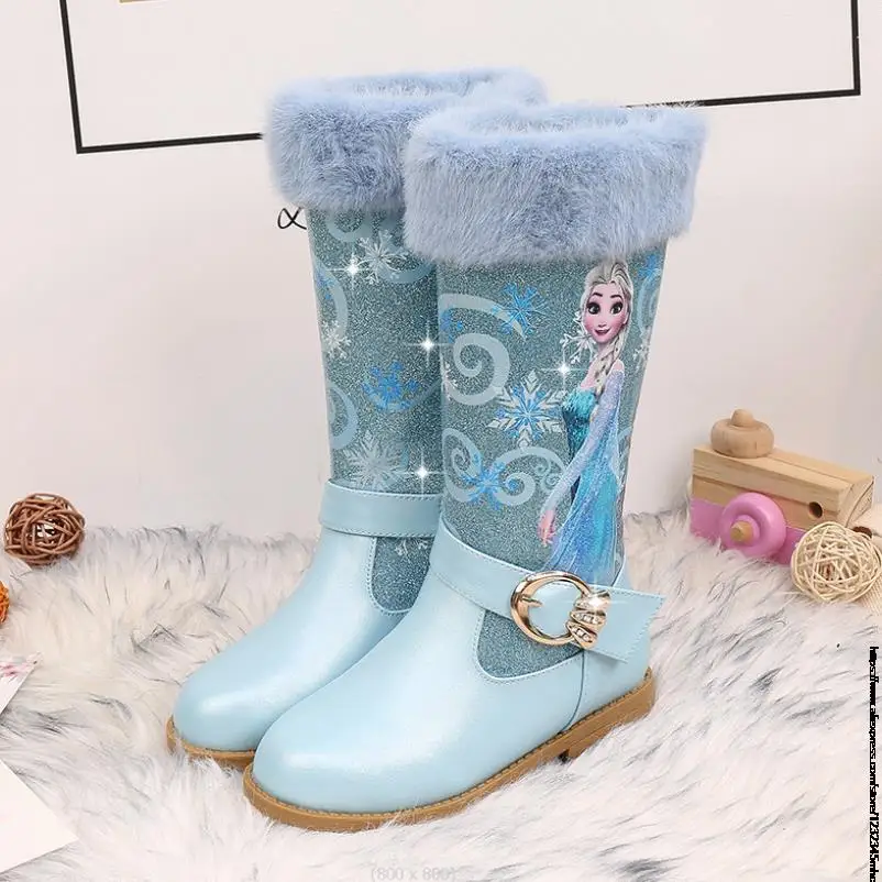 Disney New Elsa High Boots Girls Mid-heeled Autumn And Winter Warm Children Sequins Snow Boot Frozen Boots