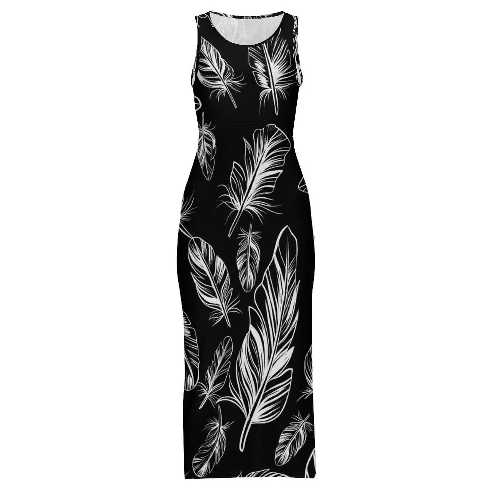 깃털 프린트 드레스 민소매 흑백 스트리트 스타일 맥시 드레스 나이트 클럽 Bodycon 드레스 레이디 디자인 오버 사이즈 의류