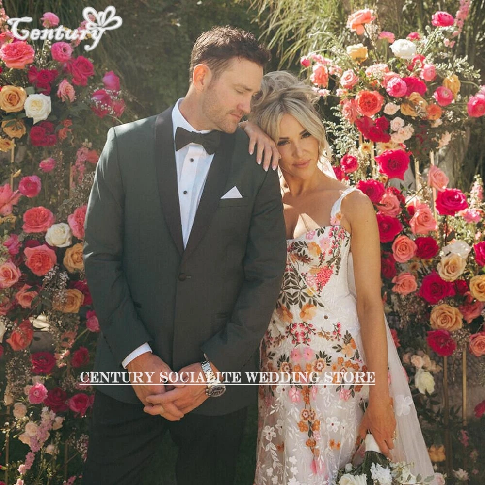 Robe de Mariée en Dentelle Brodée Colorée Style Boho, Sirène, Bretelles Spaghetti, Fleurs, Floral, Patients, Peu importe pour la Mariée, 2025