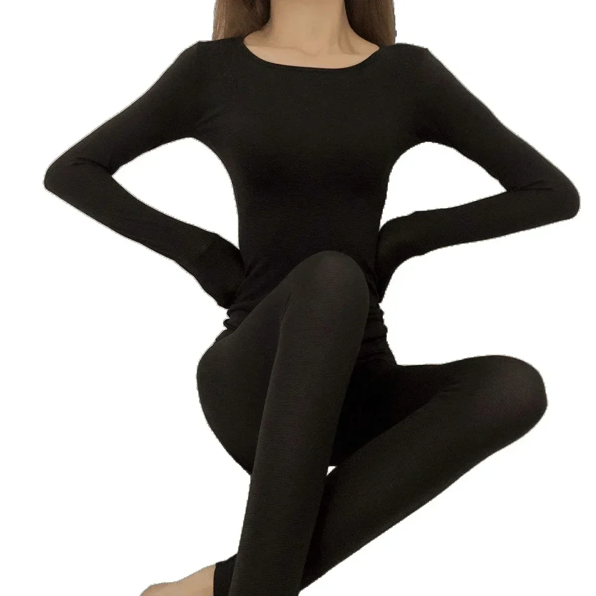 Slim Fit Rundhals Herbst Thermo-Unterwäsche-Set Damen Basisschicht Dünner Stil Reine Farbe Wärme Innenbekleidung Set für den Herbst