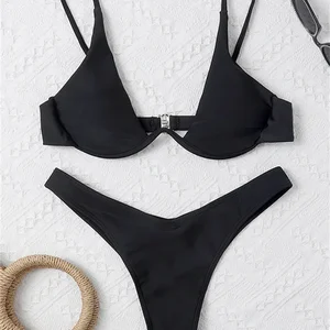 Sexy Unterdraht Frauenbikini, monochromer roter Badeanzug, Push -up -BH, Tanga, V -Collar Swing, Mini Micro Tanga Badebode, 2022 Hauptverkäufe Red Red Dental Bikini - №3